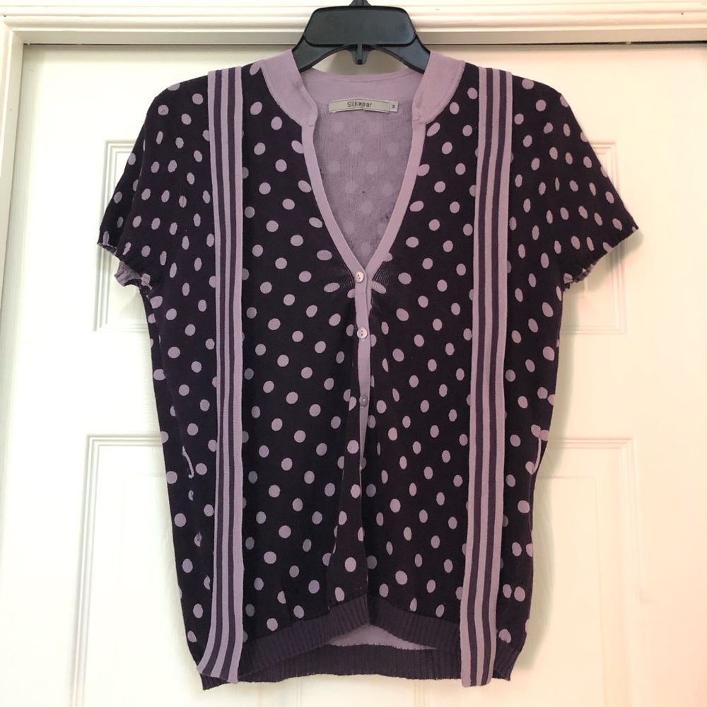 Silkwear Purple Polka Dot Buttoned V-Neck Belted Knit Cardigan Top Blouse - Picture 5 of 16